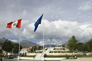 Pavilion with flag poles in center of city, Huaraz, Peru