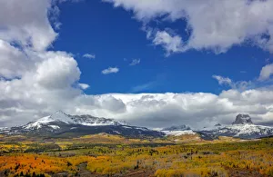 Snowcap Prints: Peak fall color in aspen groves below Yellow and Chief Mountains in Glacier National Park