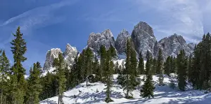 The peaks of the Geisler mountain range in valley Villnoess after a snow strom in spring