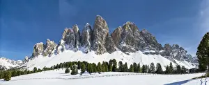The peaks of the Geisler mountain range in valley Villnoess after a snow strom in spring