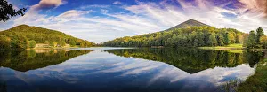 Great Smoky Mountain Prints: Peaks Of Otter lake reflections panorama, Blue Ridge Parkway, USA
