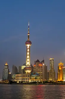Shanghai Prints: Pearl Tower over Pudong district skyline and Huangpu River Shanghai, China