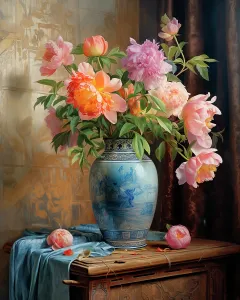 Vase Prints: Peonies in porcelain vase. Painting-style. (AI Generated)