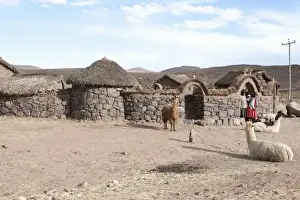 Andean Prints: Peru, Atuncolla. Quechua stone house design and statues