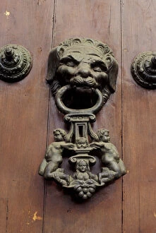 Peru, Lima. Bronze ornaments on the wood doors of Cathedral. Plaza de Armas