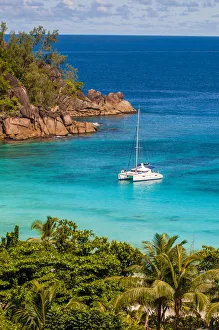 Yacht Prints: Petit Anse Beach at the Four Seasons Resort, Mahe, Republic of Seychelles, Indian Ocean