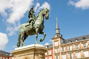 Town Square Prints: Philip III statue in Plaza Mayor and Casa de la Panaderia, Madrid, Spain