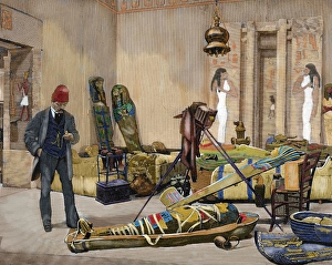 Studying Prints: Photographer preparing a portrait of a mummy. Nineteenth-century colored engraving