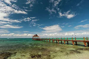 Away From It All Prints: A pier and a palapa on a beach on Cozumel Island, Quintana Roo, Mexico
