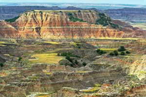 Badland Prints: The pink striped peaks or hoodoos are layered with grassy plateaus and valleys of green