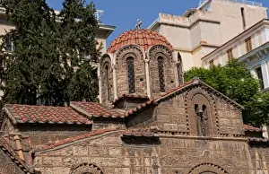 Byzantine Prints: Plaka area of Athens, Greece, with stores and 11th-Century Byzantine Cathedral