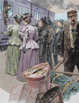 Part Prints: Platform at a railway station. Late 19th century. Drawing by Marchetti. Colored