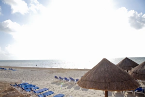 Desaturated Prints: Playa Del Carmen, Cancun, Quintana Roo, Mexico - View of lounge chairs and shade