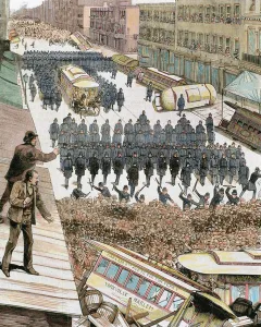 United State Prints: Police officers dispersing the strike of employees of Streetcar in New York, March 4, 1886