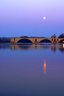 Pretty Prints: The Pont St. Benezet bridge in Avignon on the Rhone at sunset with moon, Vaucluse