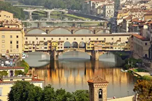 Florence Prints: Ponte Vecchio Covered Bridge Arno River Reflection Florence Italy Bridge is the oldest