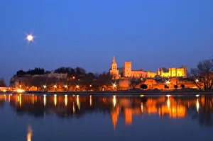 Shining Prints: Popes Palace in Avignon and the Rhone river at sunset with moon, Vaucluse, Rhone