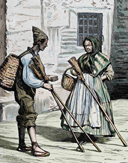 Holding Prints: Popular types. Sellers of brooms. Valencia. Spain. Colored engraving in The Spanish