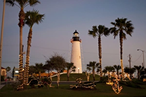 Palms Prints: Port Isabel Lighthouse and Christmas Lights at Port Isabel, Texas