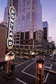 Portland sign on Schnitzer Auditorium located across from the performing arts center
