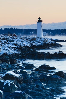 Seacoast Prints: Portsmouth Harbor lighthouse in New Castle, New Hampshire. Dawn. Winter