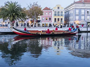 Iberian Peninsula Prints: Portugal, Aveiro. Moliceiro boat on the canal