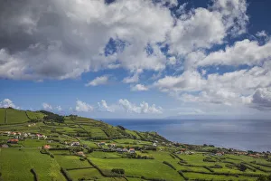 Faial Island Prints: Portugal, Azores, Faial Island, Praia do Almoxarife. Elevated view of fields