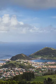 Horta Prints: Portugal, Azores, Faial Island, Horta. Elevated view of Porto Pim, Monte Quelmado