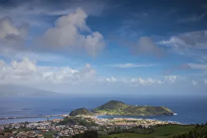 Portugal, Azores, Faial Island, Horta. Elevated view of Porto Pim, Monte Quelmado