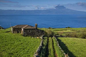 View From Above Prints: Portugal, Azores, Sao Jorge Island, Rosais. Elevated view of fields and the Pico Volcano