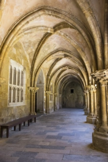 Cloister Prints: Portugal, Coimbra. Old Cathedral cloister. Archways, walking paths, courtyard