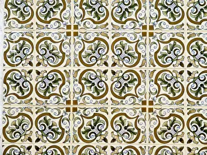 Mosaic Prints: Portugal, Costa Nova. Colorful azulejo tiles on the exterior wall of house