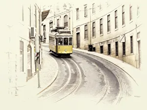 Leisure Prints: Portugal, Lisbon. View of yellow tramway