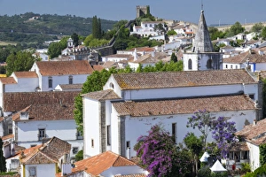 Portugal, Obidos. Ancient, red, terra cotta tiled roof tops, lines. Old windows