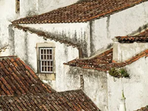 Rooftop Prints: Portugal, Obidos. Elevated view of the town of Obidos with the terracotta tiled rooftops