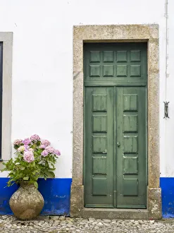 Obidos Prints: Portugal, Obidos. Pink hydrangea in terracotta pot next to a green door