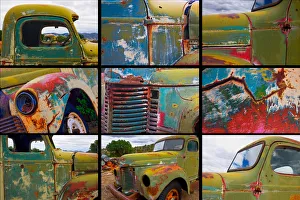 Rusted Prints: A poster featuring close up shots of several abandoned trucks in a public works yard