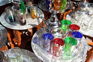 Marrakech Prints: Pots of mint tea & glasses, The Souk, Marrakech, Morocco
