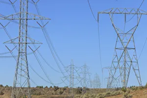 Power Lines on pylons near town of Maupin, Deschutes River, Central Oregon, USA