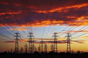 Images Dated 8th October 2014: Power pylons at sunset, Christchurch, Canterbury, South Island, New Zealand