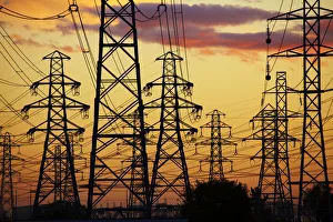 Twilight Prints: Power pylons at sunset, Christchurch, Canterbury, South Island, New Zealand