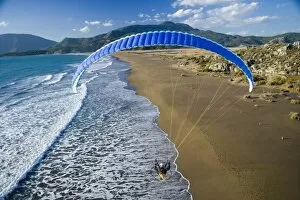 Images Dated 11th November 2007: Powered paraglider flying over beach in Dalyan, aerial view, Koycegiz, Mugla, Turkey