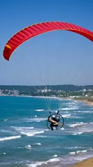 Images Dated 9th June 2007: Powered paraglider flying over Gumusdere beach on the Black Sea coast of Istanbul