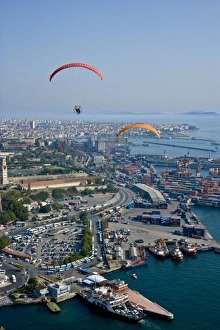 Anatolian Prints: Two powered paragliders flying over Harem, aerial view, Istanbul, Turkey