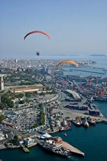 Two powered paragliders flying over Harem, aerial view, Istanbul, Turkey