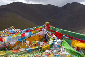 Himalaya Prints: Prayer flags on Tibetan Plateau with Tanggula Mountain, Namtso (Lake Nam), Tibet, China