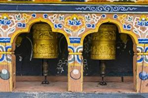 Decorated Prints: praying wheels in the Chimi Lhakhang monastery, Bhutan
