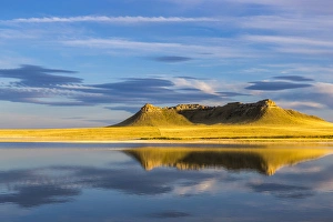 Birding Prints: Priest Butte reflects into wetlands pond at Freezeout Lake WMA near Choteau, Montana, USA