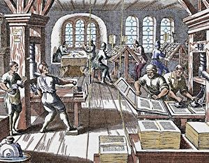 Industry Prints: Printing press. Seventeenth century. Colored engraving of Gottfried Historical Chronicle
