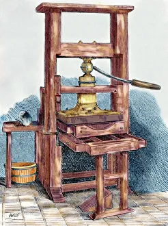 Engraving Prints: Printing press used by Benjamin Franklin (1706-1790), U. S. statesman and scientist